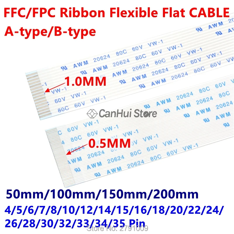 10PC FFC/FPC Ribbon Flexible Flat Cable 1.0MM 50/100/150/200MM A B type contact 4P 6 7 8 10 12 14 18 20 22 24 26 30 32 34 35 Pin