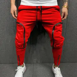 Calça cargo multi-zíperes masculina, calça com bolsos de cordão, calça harém, streetwear casual, estilo hip-hop, monocromática, moda