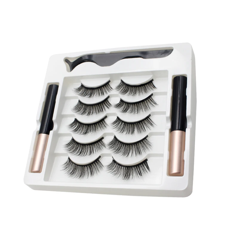 AILEISHI 5 Pairs 3D Magnetic Eyelashes Magnet Eyeliner Handmade Fake lashes Waterproof Liquid Long Lasting Eyelashes Set Makeup