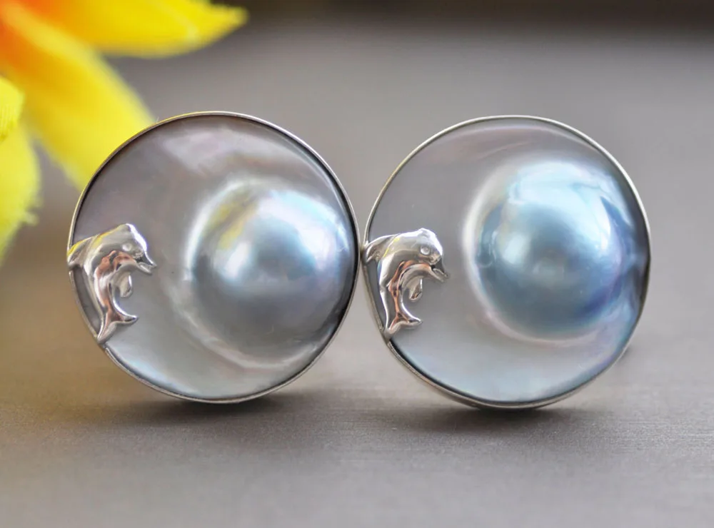 

MTC·STAR Z11032 HUGE REAL 23mm GRAY SOUTH SEA MABE PEARL 925SILVER DOIPHIN EARRING