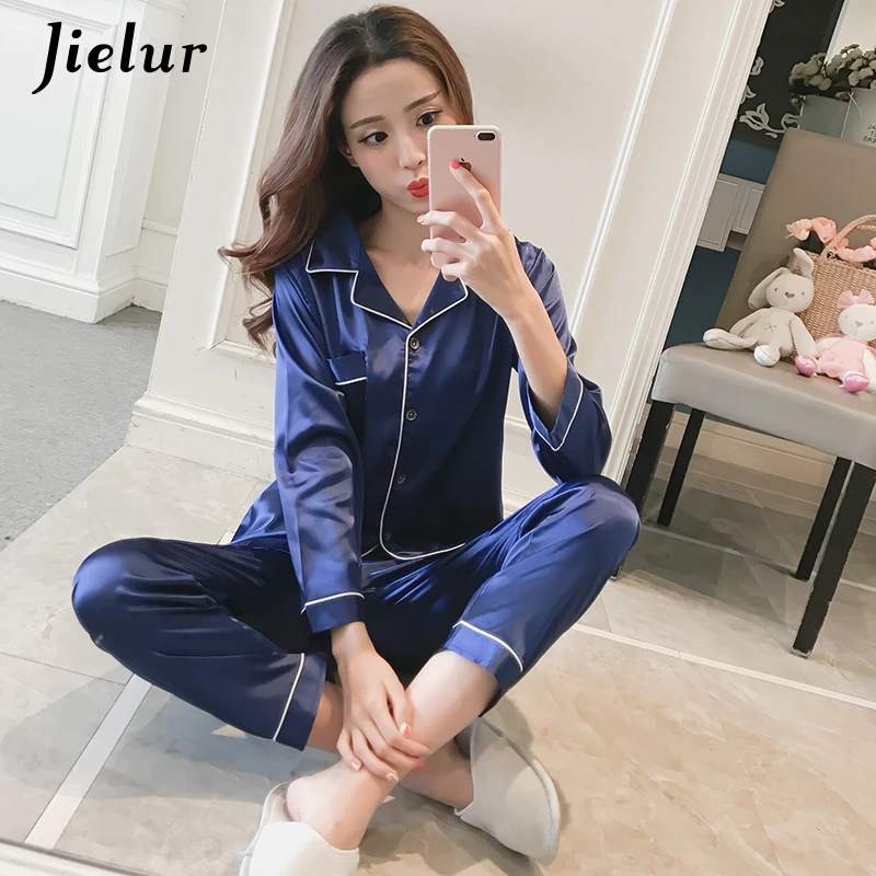 Jielur Autumn Lady Long Sleeve Shirt+Pants Solid Color Casual Home suit Silk Satin Women Pajama Sets Breathable Pijama Feminino