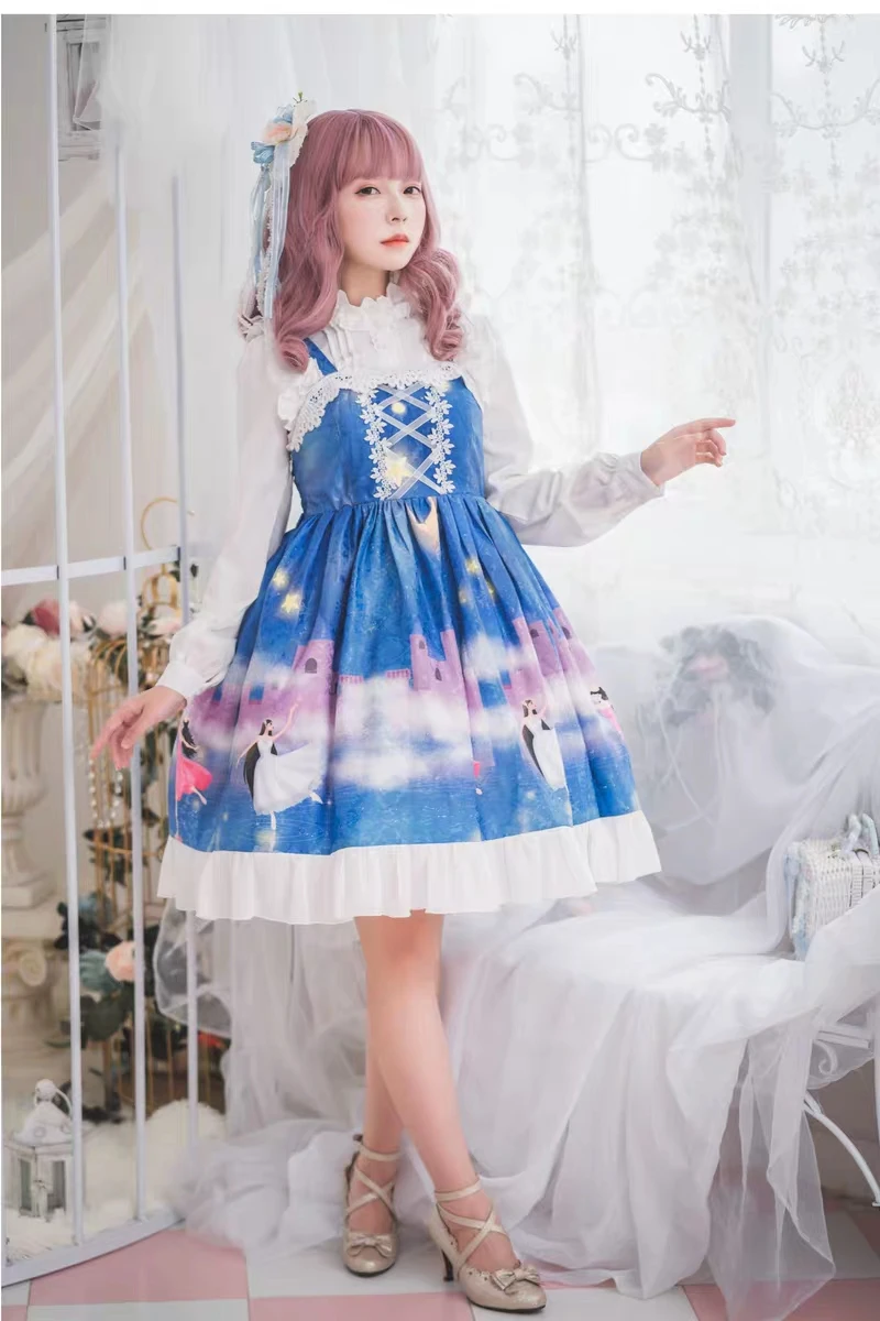 Japoński kawaii dziewczyna słodka sukienka lolita koronka w stylu vintage śliczny nadruk wysokiej talii sukienka w stylu wiktoriańskim loli cosplay gothic lolita jsk