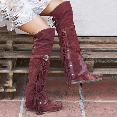 Nice Fashion Bohemian Boho Knee High Boot Ethnic Women Tassel Fringe Faux Suede Hight Boots Woman Girl Flat Long Booties