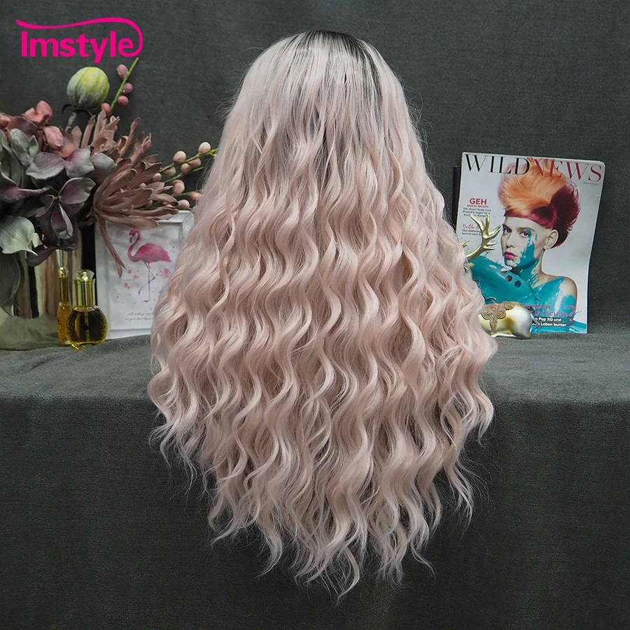 Imstyle Synthetic Lace Front Wig Ombre Pink Wigs For Women Heat Resistant Fiber Long Wig Deep Wave Lace Cosplay Wigs