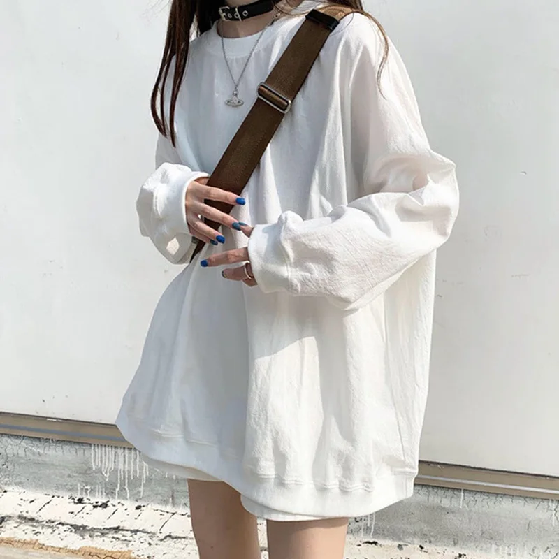 Women\'s Sweatshirts Harajuku Ulzzang Ins Loose White Black Long Sleeve Thin Sweatshirt Female Korean Tops Clothing For Women