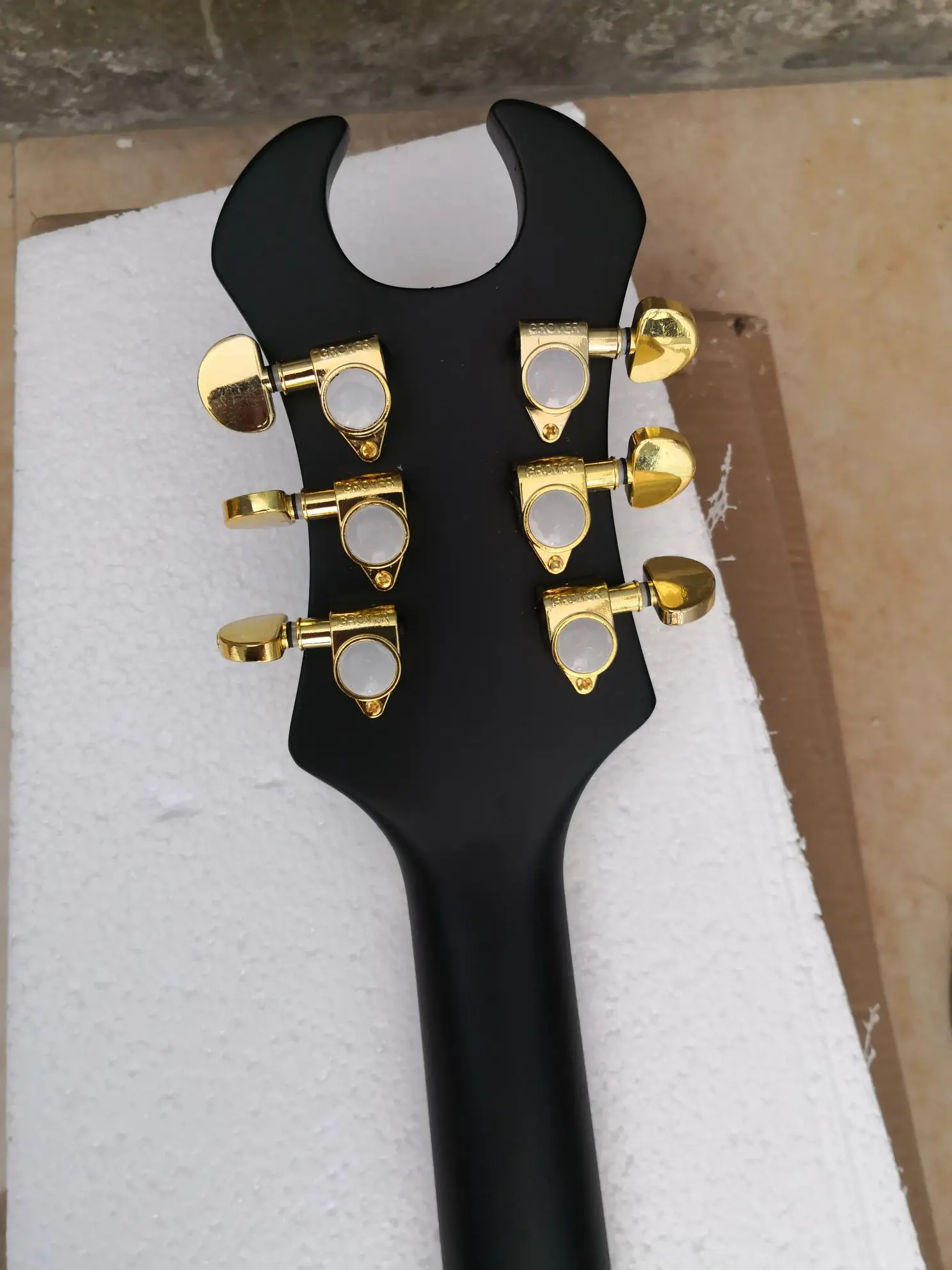 Matte Black Stripe Electric Guitar, 6 String Ebony Fingerboard, Gold Bat Inlaid with Gold Accessories