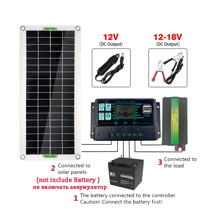 

Solar Panel System 18V 30W Solar Panel 2 USB Port 40A/60A Charge Controller 1000W Solar Inverter Kit Complete Power Generation