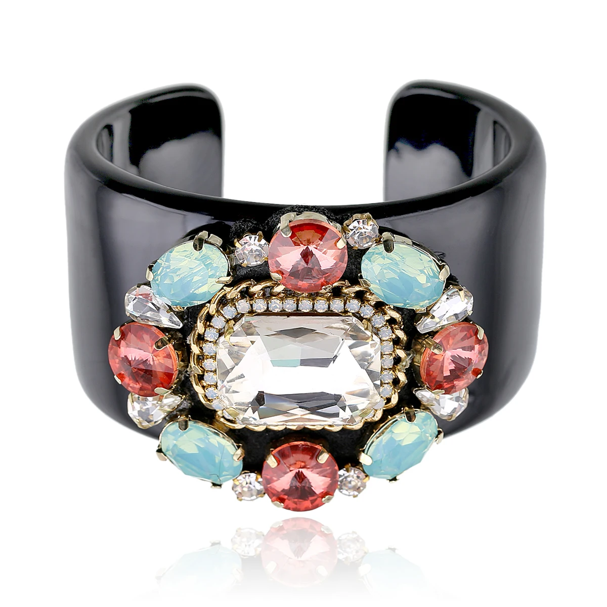 

HAHA&TOTO Trendy Black Resin Bangle Cuff Bracelet Inlaid Handmade Crystal Beaded Flower Statement Bracelet Women Jewelry 3324