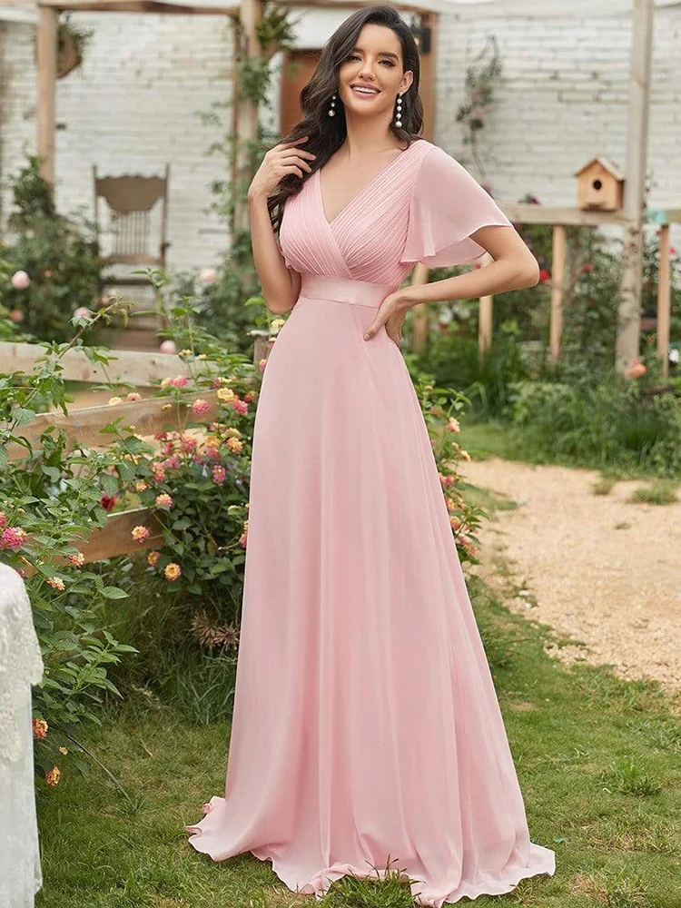 

Women Pink Bridesmaid Dresses Long Elegant A Line Double V Neck Ruffles Chiffon Formal Wedding Party Dress New Long Prom Dress