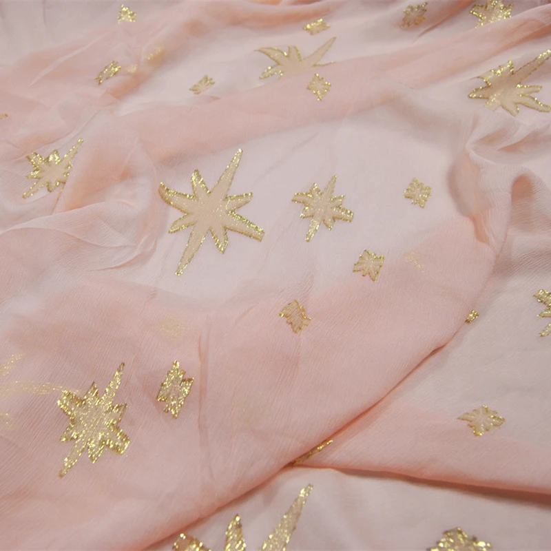 

Cute Luxury Silk Metallic Fabric Crinkle Chiffon Shiny Lurex Pink Star Mulberry Luxury for Cloth Skirt Saree