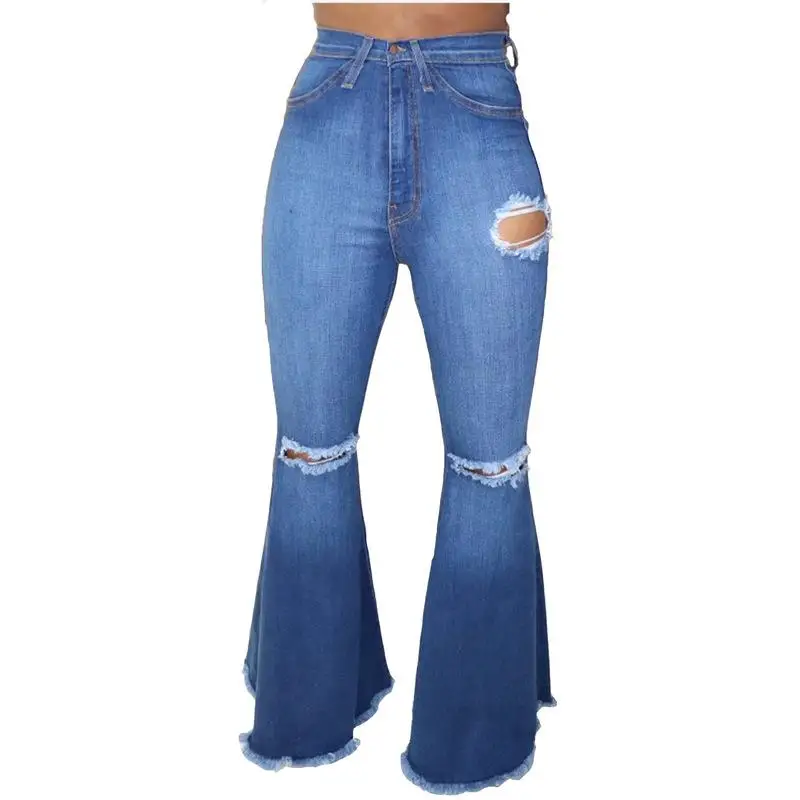 Sexy High Waist Skinny Flare Jeans Woman Distressed  Bell Bottom Blue Jeans Vintage Push Up Cut Out Bootcut Denim Jeans