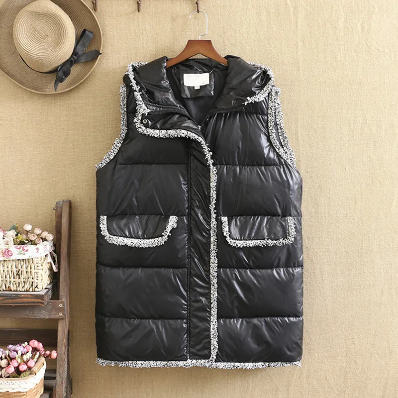 Cappotto taglie forti per donna in inverno Versione ingrandita senza maniche con cappuccio Cuciture alla moda Gilet in cotone plus size Fatwomen di grandi dimensioni