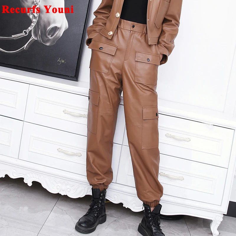 Genuine Leather Overalls Women Femme Elastic Waist Pants With Pockets Mujer Army Green Straight Leggings Novelty Harem Trousers