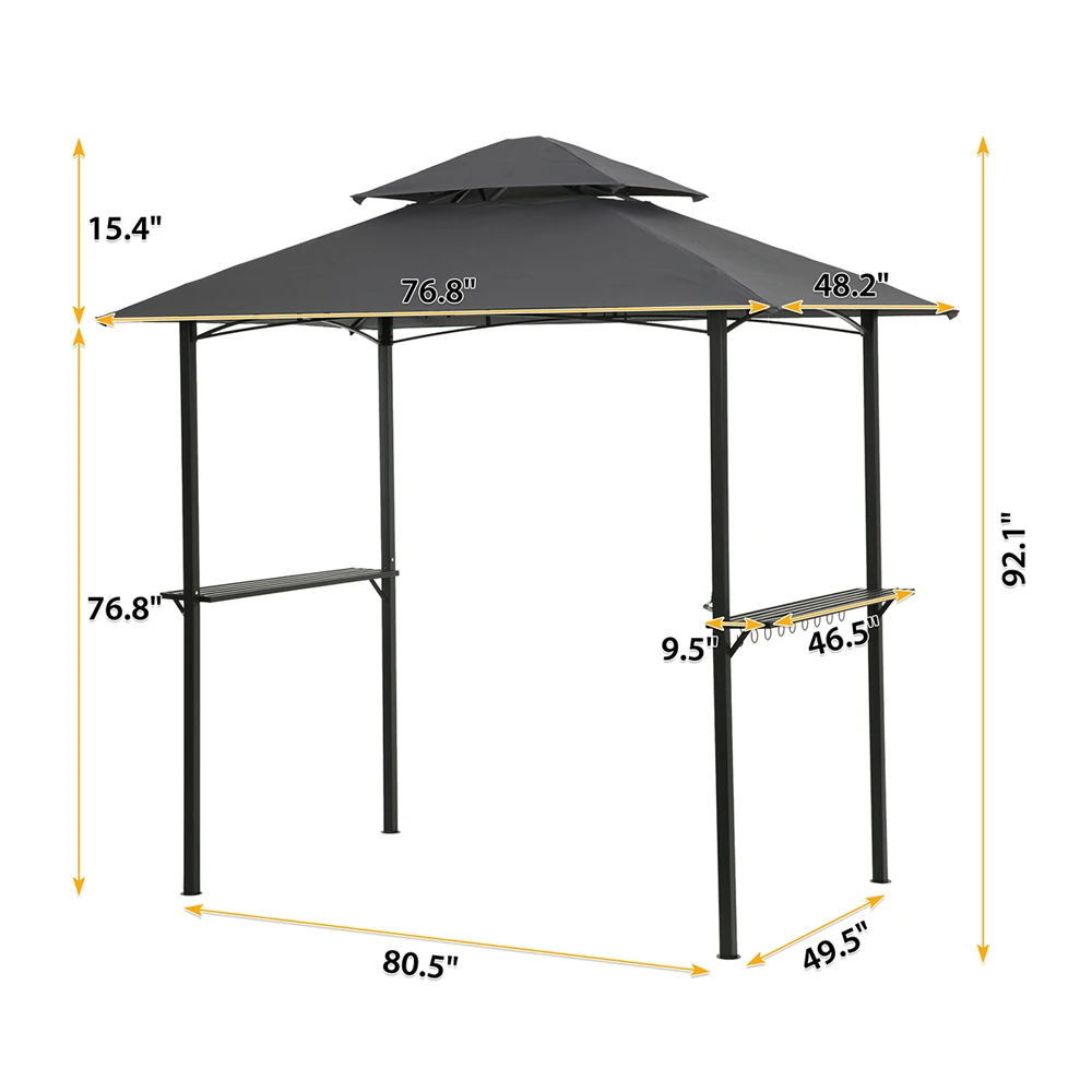 Shelter Tent Double Tier Outdoor Grill Gazebo 8x5Ft Soft Top Canopy and Steel Frame with Hook  Bar Counters Grey[US-Stock]