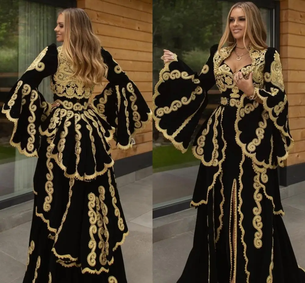 Traditional Kosovo vestidos formales Arabic Velvet Evening Dresses Flared Sleeves Applique Split Prom Dress robe de soirée