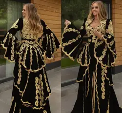 Traditional Kosovo vestidos formales Arabic Velvet Evening Dresses Flared Sleeves Applique Split Prom Dress robe de soirée