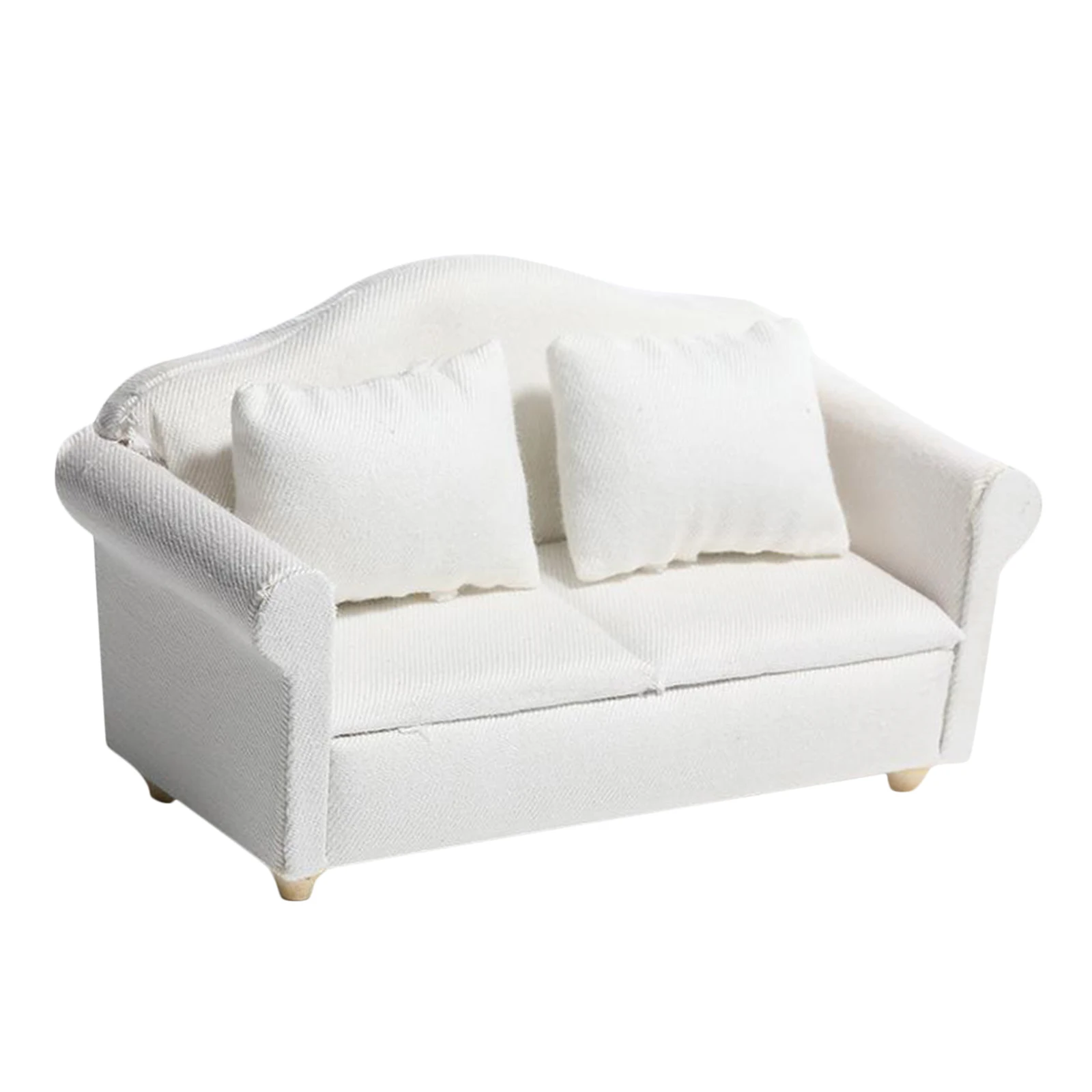 Pure White 1:12 Scale Mini Wooden Sofa Love Seat Dollhouse Miniatures Furniture Model w/ Cushion Living Room Decoration