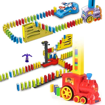 Automatic place domino block train car sound light airplane rocket robot colorful dominoes game set birthday gift for kids