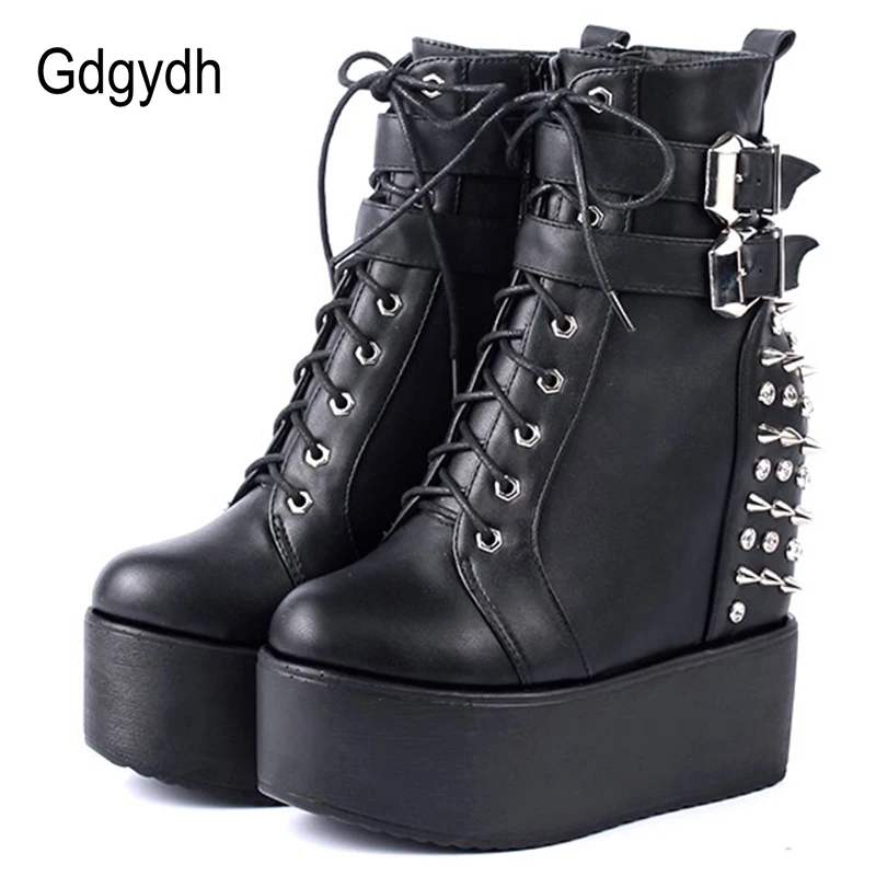 Gdgydh 2022 Round Toe Metal Rivets Ankel Boots For Women Black White Gothic Female Shoes Drop Shipping Wedges High Heels Shoes