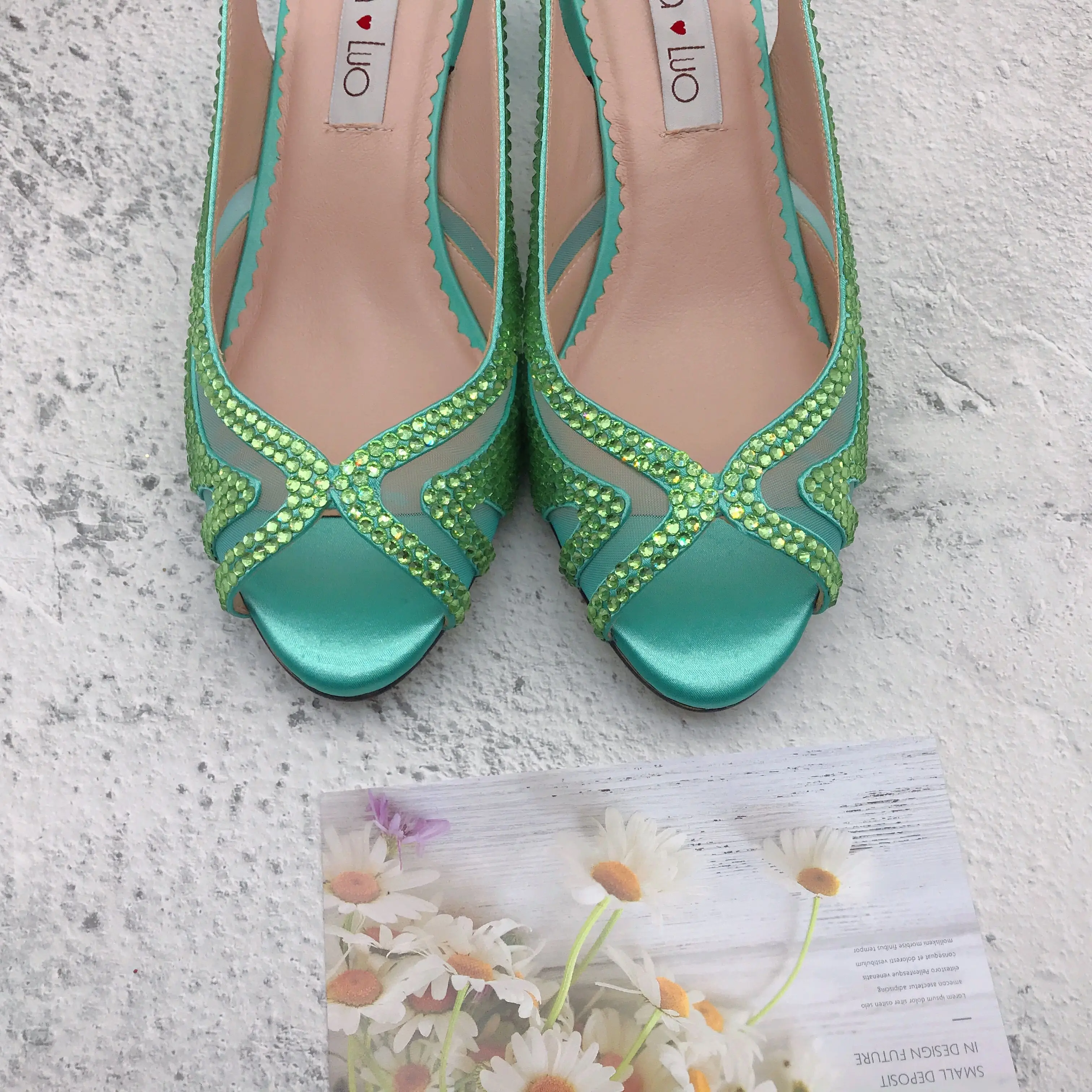 BS1251  Customizable Various Heel Women Shoes Dress Pumps  Bridal Wedding Shoes Mint Green  Crystal Shoes With Matching Bag Set