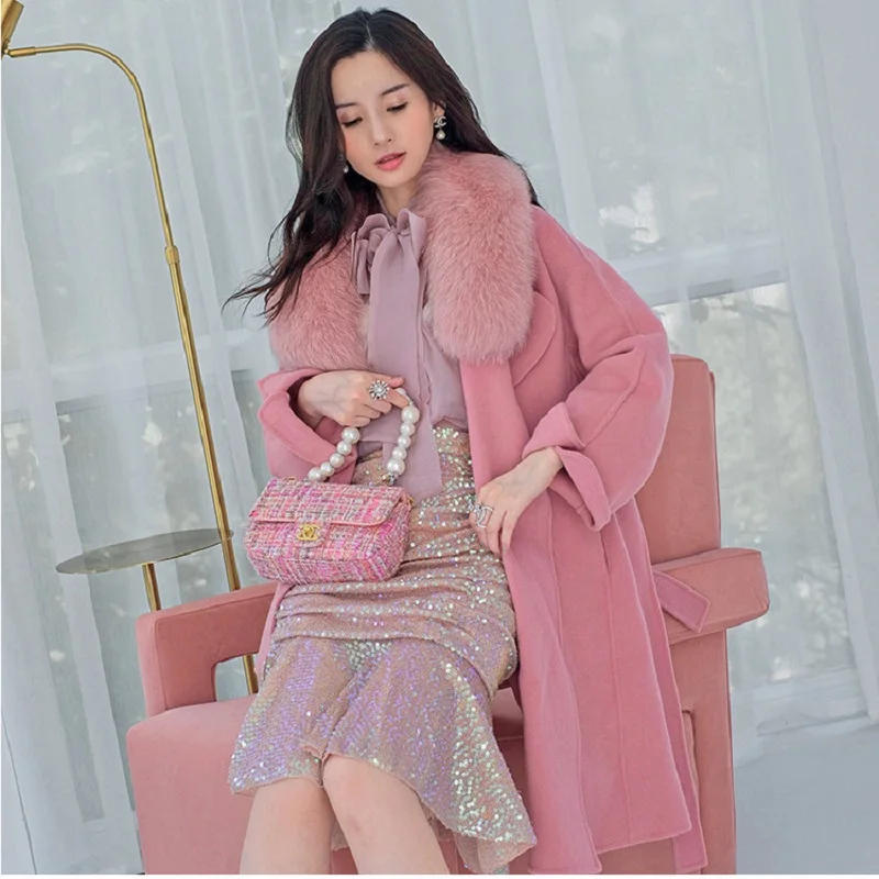 Plush Size Cashmere Wool Women Coat Fox Fur Winter Outwear Long Styles Belt Jacket Luxury Ladies Clothing