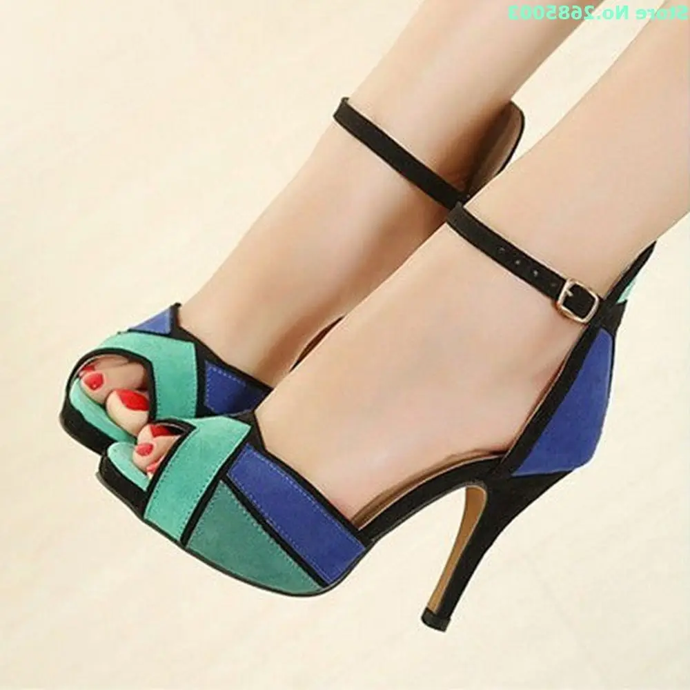 

Peep Toe Mixed Colors Sandals Thin High Heels Ankle Buckle Strap Concise Fashion Women Summer Party Dress Sandals Shoes