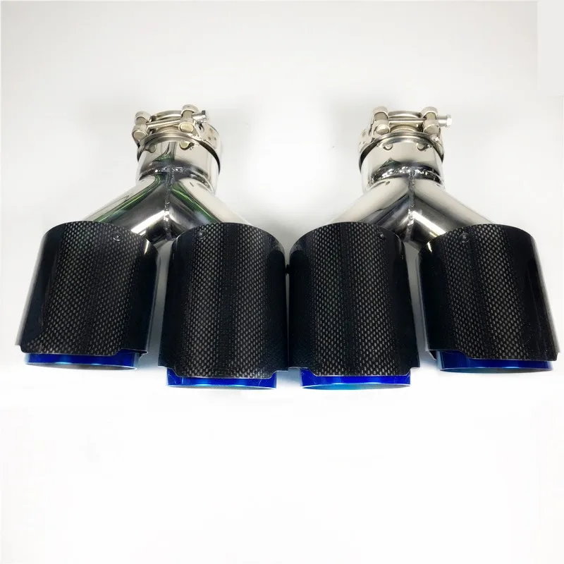 One Pair Blue Exhaust Pipe Muffler Tip No Logo Carbon Fiber 304 Stainless Steel Y Model Double Outlet Tail Throat Nozzles