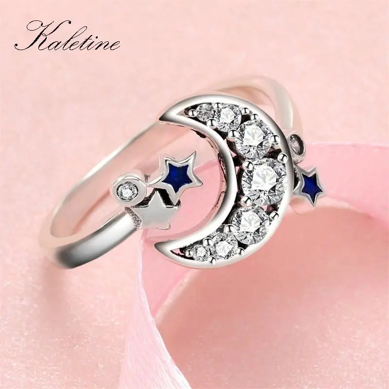 Kaletine 925 Sterling Silver Adjustable Ring Crescent Moon Blue Star Open Finger Rings for Women Wedding Engagement Jewelry Gift