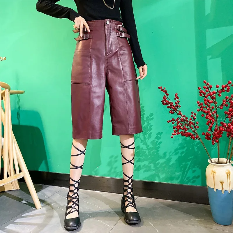 Hip Hop Women Casual High Waist Knee Length Straight Loose Fit Shorts High Quality Sheepskin Genuine Leather Shorts Streetear