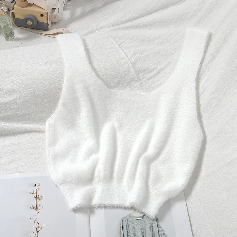 Pearl Diary Women Spring Fuzzy Knitted Soft Tank Tops U Neck Solid Color Sexy Cashmere Sleeveless Casual Cropped Top New Styles