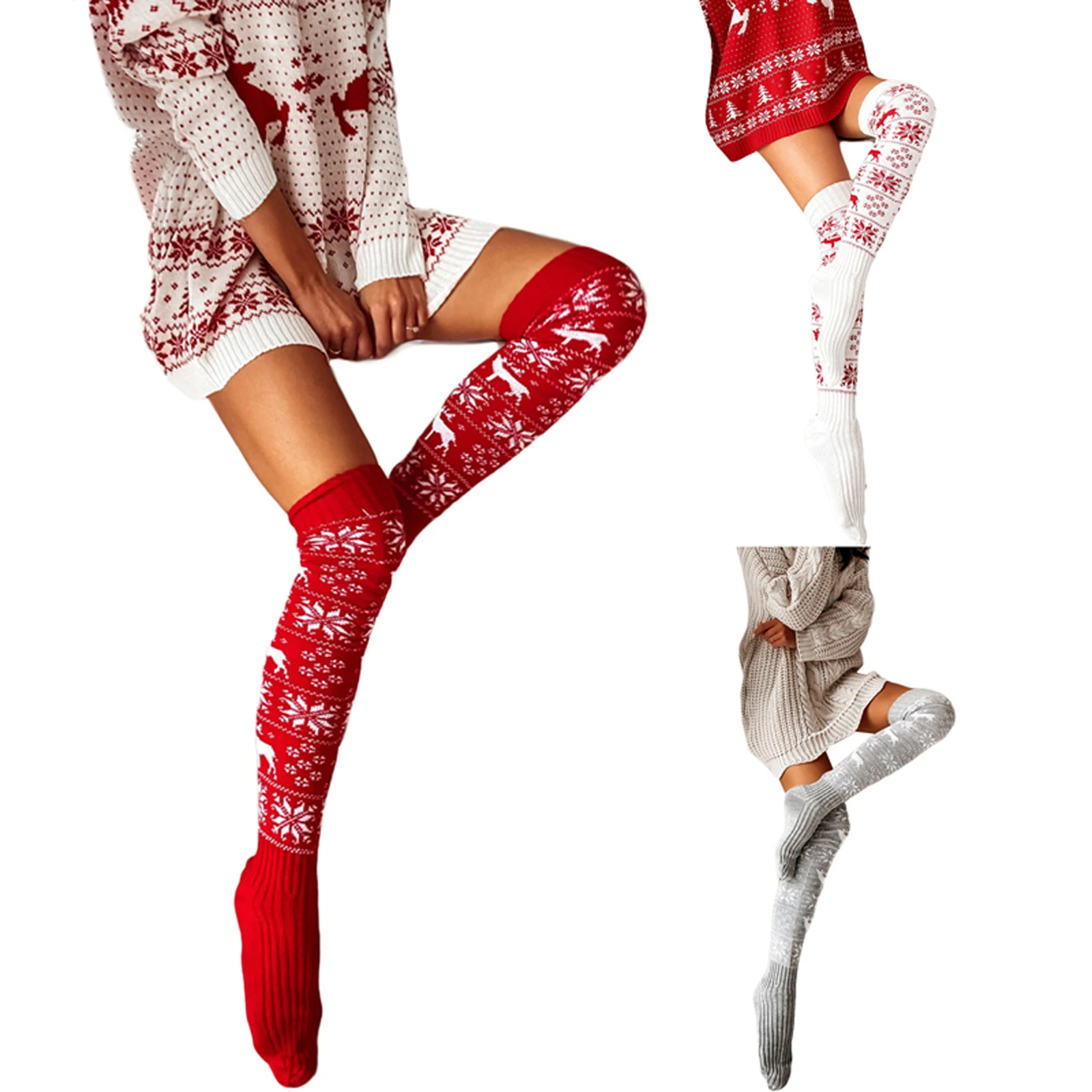 hirigin Fashion Women's Christmas Thigh High Socks Snowflake Print Knit Over The Knee Stockings for Fall Winter Warm Accessories