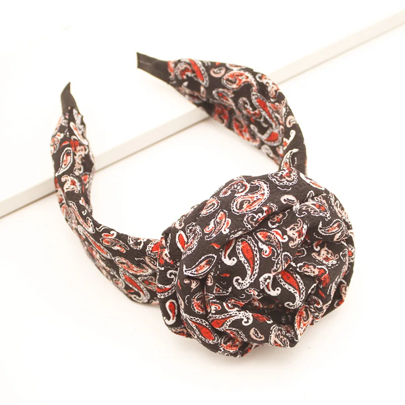 Lystrfac Vintage Front Knot Print Headband Women Turban Wide Knotted Hairband for Ladies Bandanas Female Hair Accessories