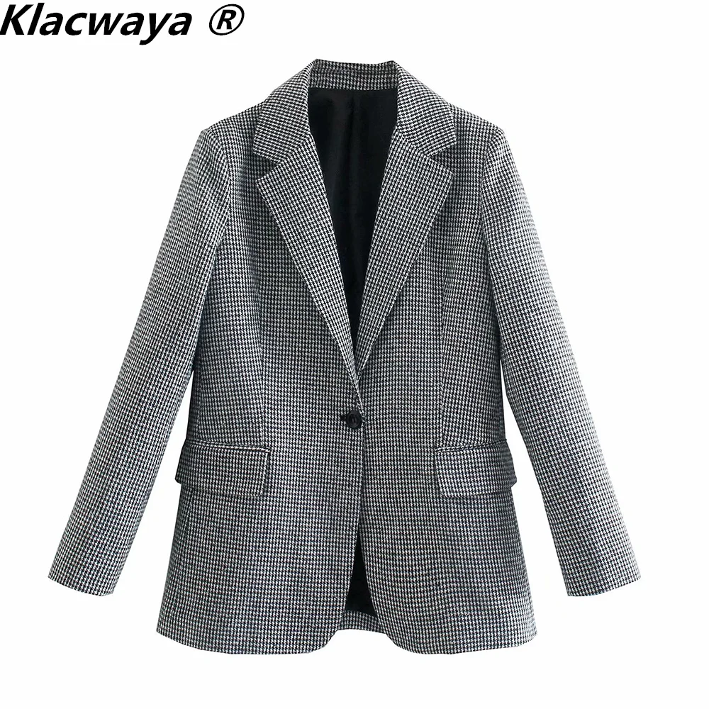 Klacwaya 2021 de moda de las mujeres de dos piezas Vintage Botón de manga larga Blazer a cuadros de cintura alta de traje de falda