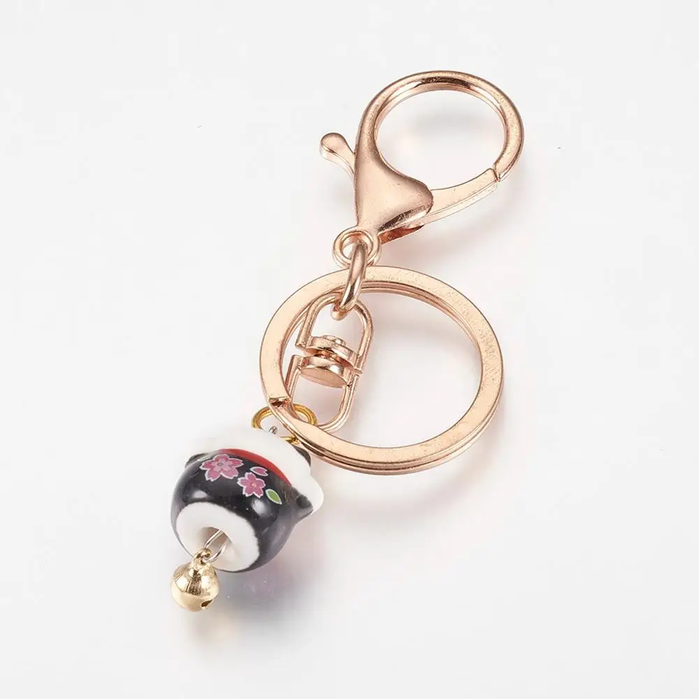 10pcs Mixed Color Fortune Cat Handmade Porcelain Keychain with Alloy Lobster Clasps Iron Bell & Key Rings Jewelry Accessories