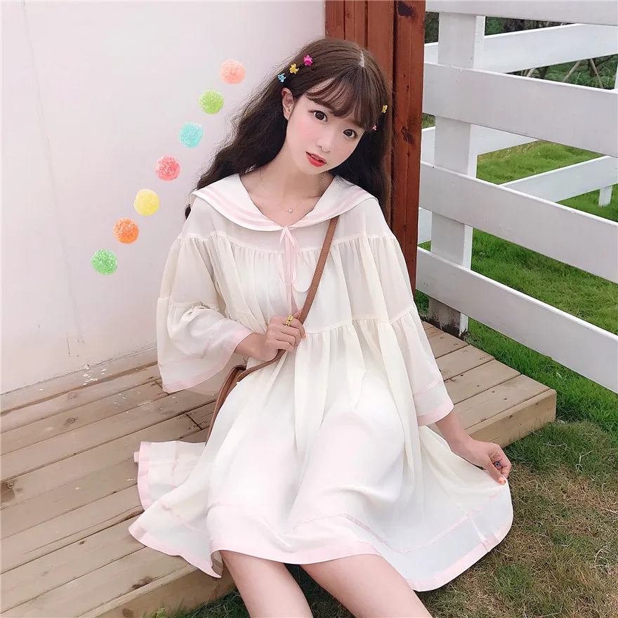 Japanese dress mid-length long fresh navy collar trumpet sleeve summer dress  high waist victorian dress kawaii girl gothic loli