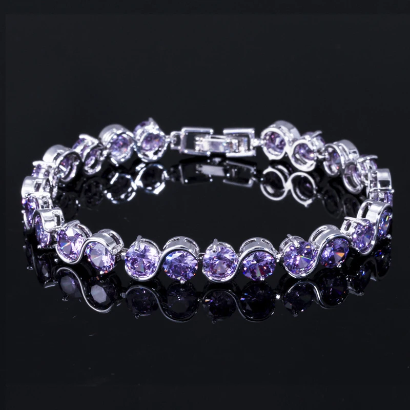 ThreeGraces New Trendy Purple Cubic Zirconia Crystal Round Link Chain Bracelet for Women Wedding Banquet Jewelry Gift   BR130