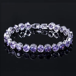 ThreeGraces New Trendy Purple Cubic Zirconia Crystal Round Link Chain Bracelet for Women Wedding Banquet Jewelry Gift   BR130