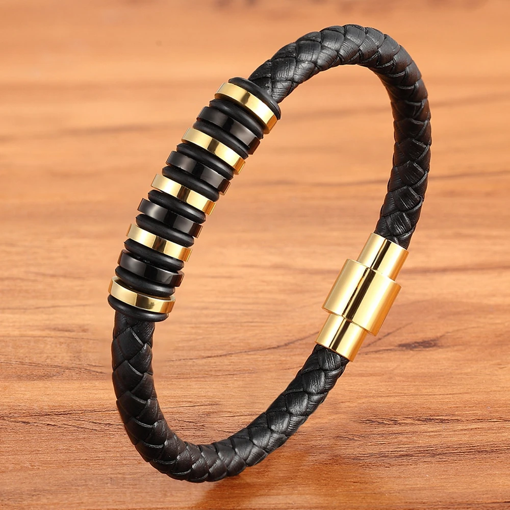 

XQNI Geometric Circle Combination Accessories Men's Stainless Steel Leather Bracelet Magnet Buckle Birthday Commemorative Gift