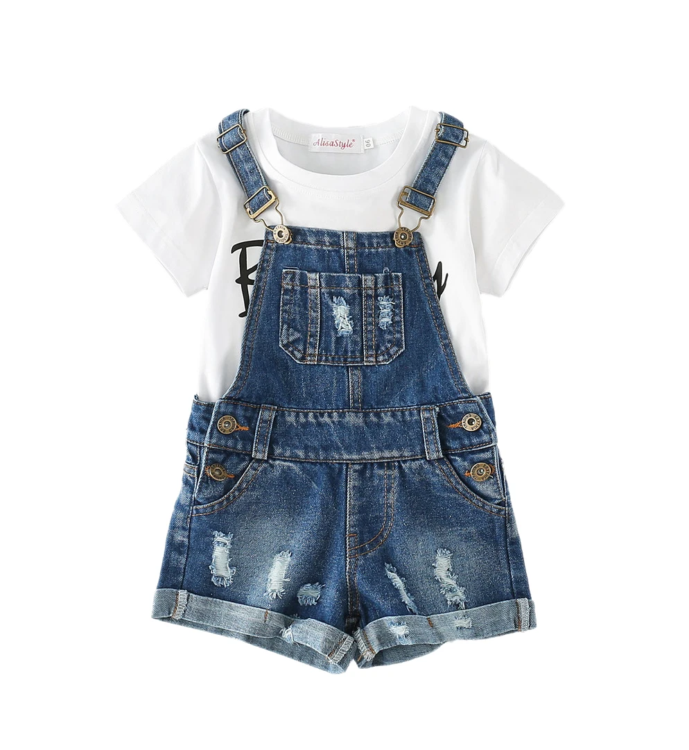 

Chumhey Baby Little Girls 2Pc Summer Jeans Shortalls Set T-Shirts Ripped Denim Shorts