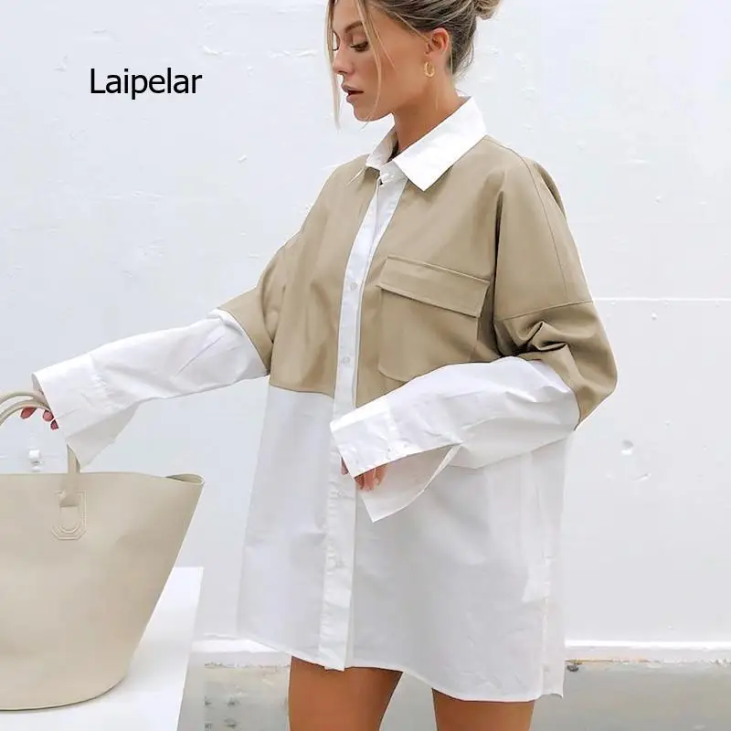 

Splicing Leather Shirt Woman Long Sleeve Pocket Ladies Blouse Casual Top Chic Elegant Female 2021 Fashion Autumn Winter