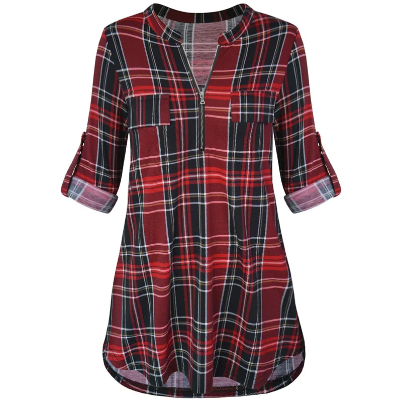 Fashion Tunics Women Casual Soft Roll Ups Long Sleeve Top Zipped V Neck Plaid Shirts Basic Pullover Tunic Blouses Blusa Feminina