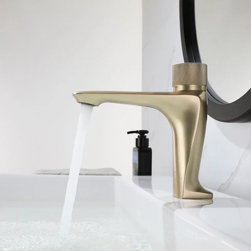 Brass Brushed Gold Bathroom Constant Temperature Basin Faucet Push Button Switch Deck mounted Hot Cold Mix Sink Faucet