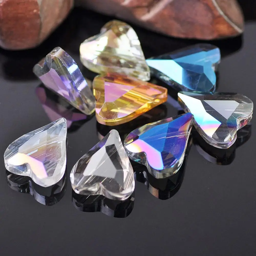 10pcs Pointed Heart Faceted Crystal Glass Asymmetric Hole 12x10mm 18x14mm 22x18mm Loose Beads for Jewelry Making DIY Crafts