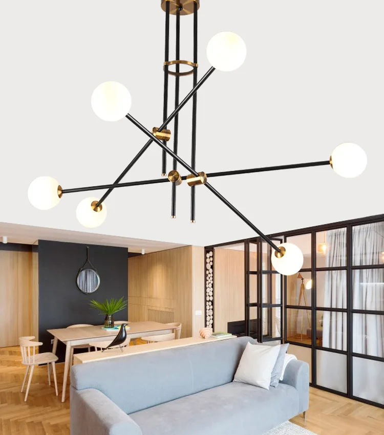 

Postmodern New Magic Bean Chandelier Living Room Dining Table Glass Chandelier Creative Bedroom Study Multi-Head Round Lamps