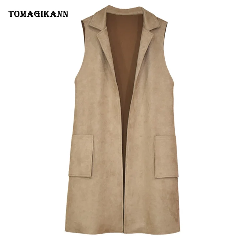 Women\'s Long Vest Solid Suede Fabric Side Split Button Pocket Plus Size Open Stitch Sleeveless Jacket New 2024 Outerwear