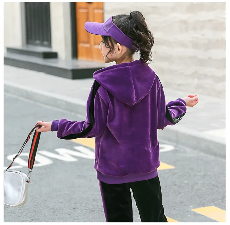 Hooyi Children Clothing Set Girls Velvet Hooded Sports Suits Girls Long Sleeves Tracksuit Sweatshirt Sweatpants Hoodies Outwear