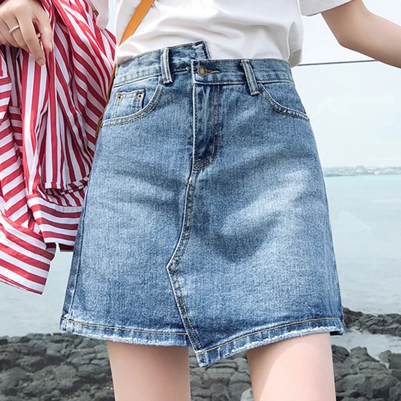 

Denim Skirt Women Summer Solid Casual High Waist Irregular A-Line Skirts Pockets Button Jeans Package Hip Short Skirt Female