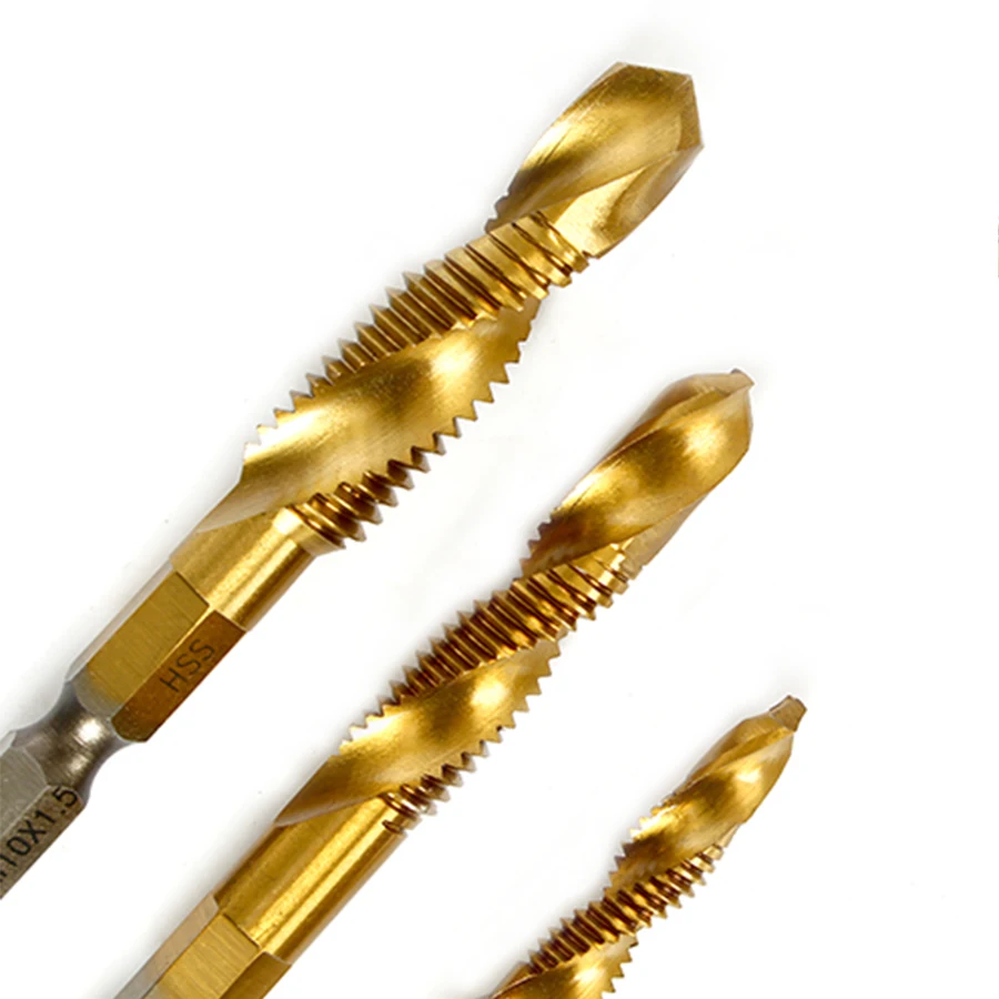 6Pcs Three-In-One ความเร็วสูงเหล็กก๊อก M3 M4 M5 M6 M8 M10ก๊อกเจาะ Chamfering One ชิ้นเกลียว Titanium ชุบก๊อก