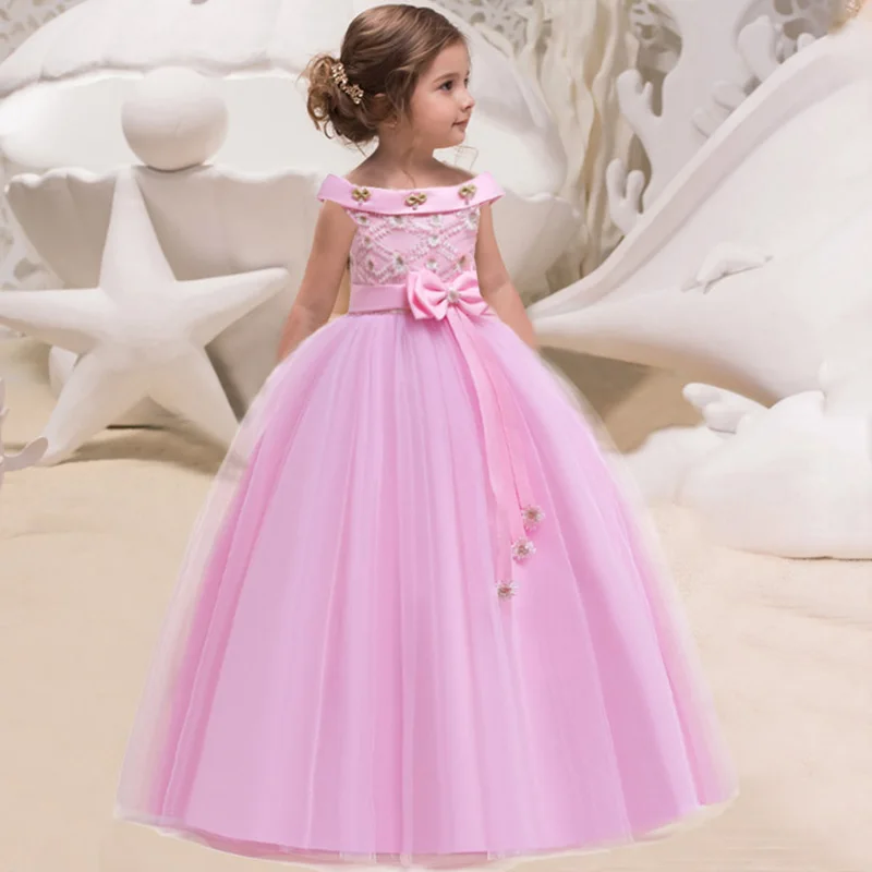 Summer Pink White One Shoulder Long Bridesmaid Dress Girl Bow Gown Kids Clothes For Children Princess Party Wedding Vestidos