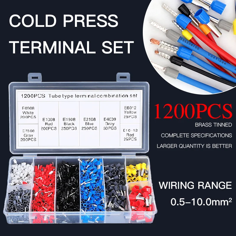 

1200pcs Terminal Boxed Kit Used for 0.5-10mm2 Wire Cable Copper Tube Needle Type Insulated Ferrules Cold Pressing Connector Sets